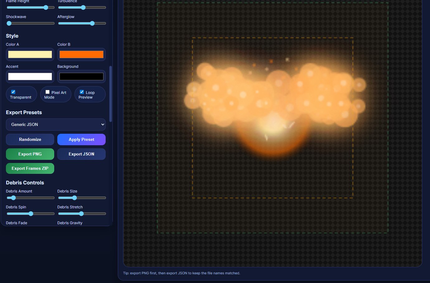 Sprite Forge fire explosion editor preview